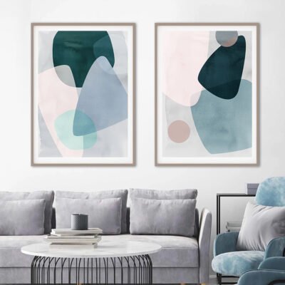 Modern Abstract Pastel Shades Of Blue Geometric Wall Art Pictures For Living Room Decor