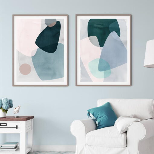 Modern Abstract Pastel Shades Of Blue Geometric Wall Art Pictures For Living Room Decor