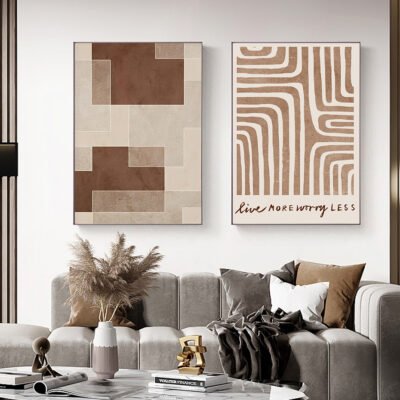 Abstract Shades Of Beige Geometric Wall Art Pictures For Modern Apartment Living Room Decor