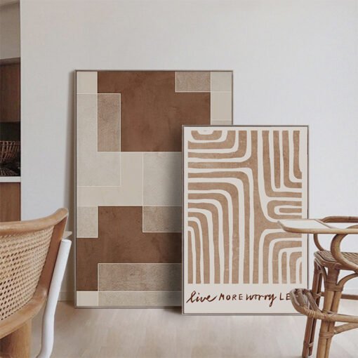 Abstract Shades Of Beige Geometric Wall Art Pictures For Modern Apartment Living Room Decor