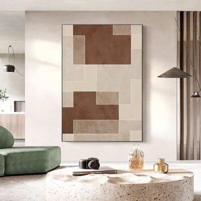 Abstract Shades Of Beige Geometric Wall Art Pictures For Modern Apartment Living Room Decor