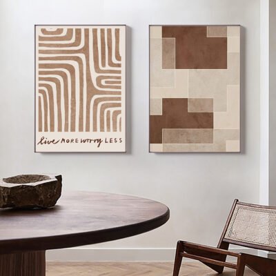 Abstract Shades Of Beige Geometric Wall Art Pictures For Modern Apartment Living Room Decor