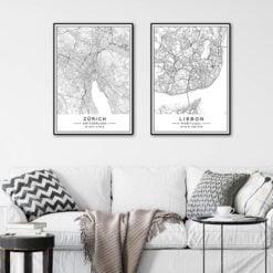 Black White Zurich City Map Wall Art Fine Art Canvas Print Lisbon City Map Posters For Home Office