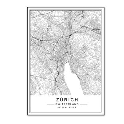Black White Zurich City Map Wall Art Fine Art Canvas Print Lisbon City Map Posters For Home Office