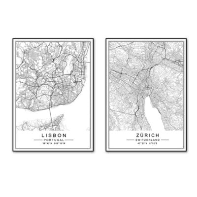 Black White Zurich City Map Wall Art Fine Art Canvas Print Lisbon City Map Posters For Home Office