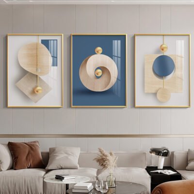 Blue Beige Golden Modern Abstract Aesthetics Wall Art Fine Art Canvas Prints For Home Office