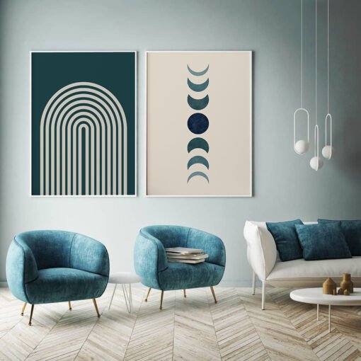 Blue Green Beige Moon Phase Wall Art Fine Art Canvas Prints For Living Room Bedroom Art Decor