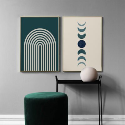 Blue Green Beige Moon Phase Wall Art Fine Art Canvas Prints For Living Room Bedroom Art Decor