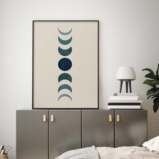 Blue Green Beige Moon Phase Wall Art Fine Art Canvas Prints For Living Room Bedroom Art Decor