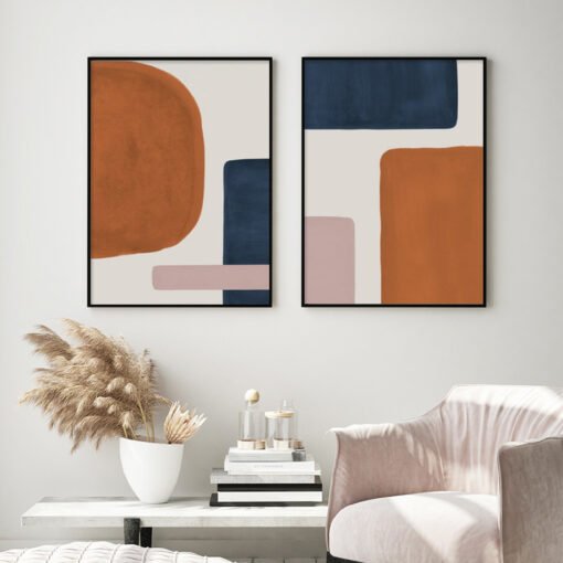 Burnt Orange Abstract Color Block Wall Art Pictures For Modern Loft Apartment Living Room Decor