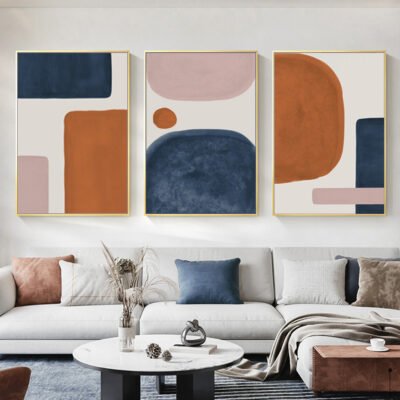 Burnt Orange Abstract Color Block Wall Art Pictures For Modern Loft Apartment Living Room Decor