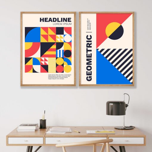 Colorful Abstract Bauhaus Geometric Design Wall Art Pictures For Modern City Apartment Decor