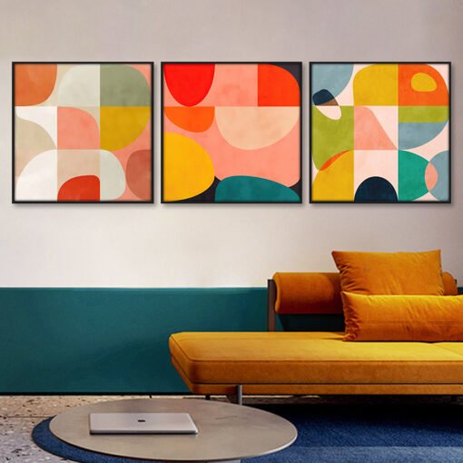 Colorful Abstract Mid Century Color Block Wall Art Square Format Pictures For Living Room