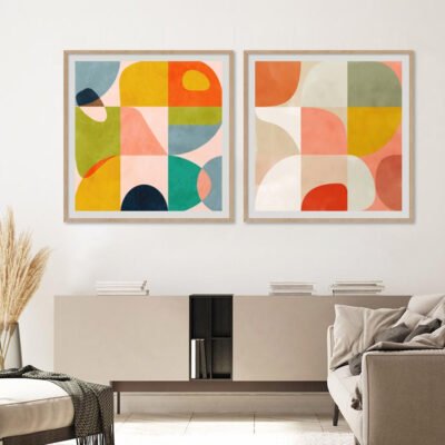 Colorful Abstract Mid Century Color Block Wall Art Square Format Pictures For Living Room