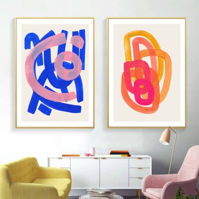 Colorful Abstract Wall Art Pink Blue Orange Pictures For Modern Apartment Living Room Decor