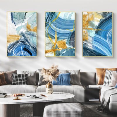 Colorful Shades Of Blue Golden Marble Print Wall Art Pictures For Modern Apartment Living Room