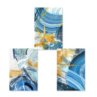 Colorful Shades Of Blue Golden Marble Print Wall Art Pictures For Modern Apartment Living Room