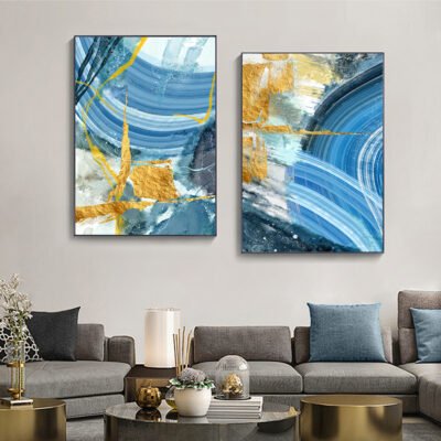 Colorful Shades Of Blue Golden Marble Print Wall Art Pictures For Modern Apartment Living Room