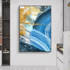 Colorful Shades Of Blue Golden Marble Print Wall Art Pictures For Modern Apartment Living Room