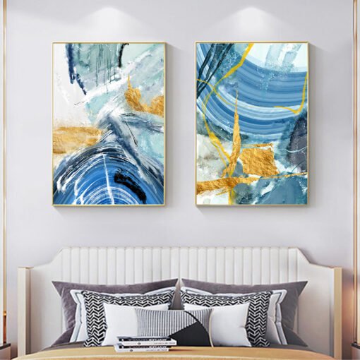 Colorful Shades Of Blue Golden Marble Print Wall Art Pictures For Modern Apartment Living Room