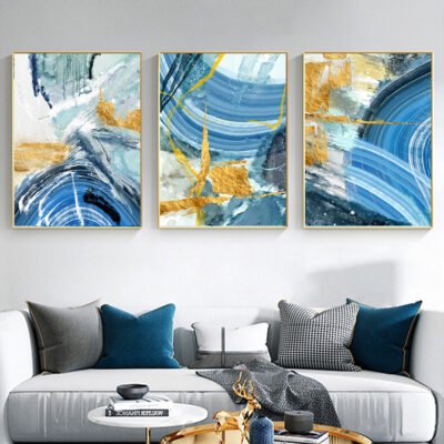 Colorful Shades Of Blue Golden Marble Print Wall Art Pictures For Modern Apartment Living Room