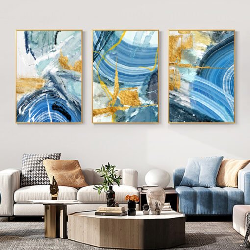 Colorful Shades Of Blue Golden Marble Print Wall Art Pictures For Modern Apartment Living Room