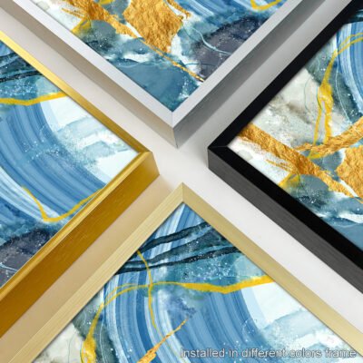 Colorful Shades Of Blue Golden Marble Print Wall Art Pictures For Modern Apartment Living Room