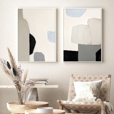 Contemporary Abstract Black Beige Color Block Wall Art Pictures For Modern Minimalist Living Room