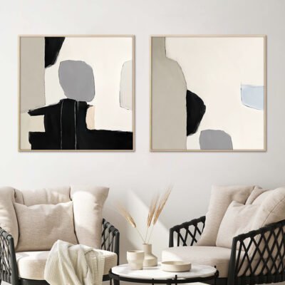 Contemporary Abstract Black Beige Color Block Wall Art Pictures For Modern Minimalist Living Room