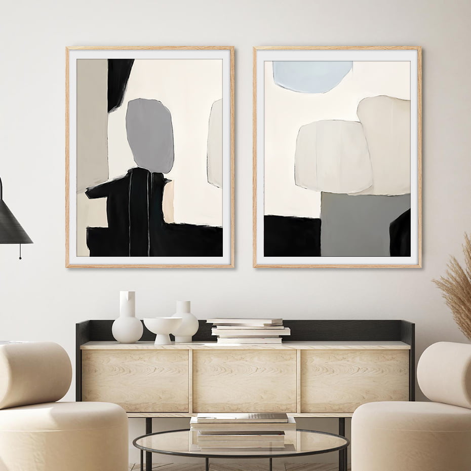 Contemporary Abstract Black Beige Color Block Wall Art Pictures For Modern Minimalist Living Room