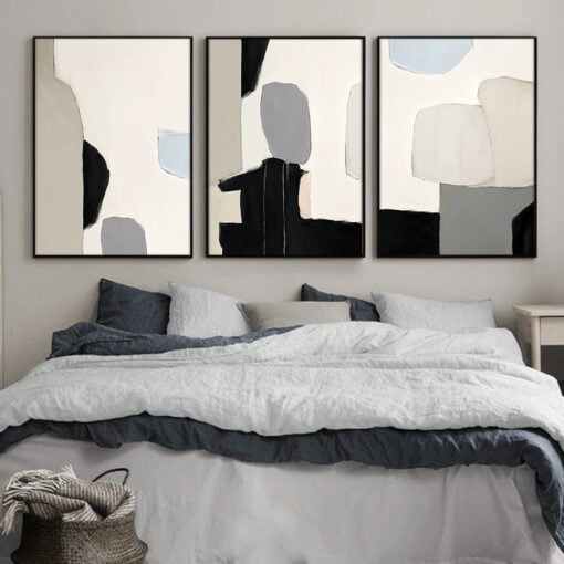 Contemporary Abstract Black Beige Color Block Wall Art Pictures For Modern Minimalist Living Room