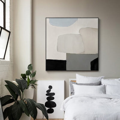 Contemporary Abstract Black Beige Color Block Wall Art Pictures For Modern Minimalist Living Room