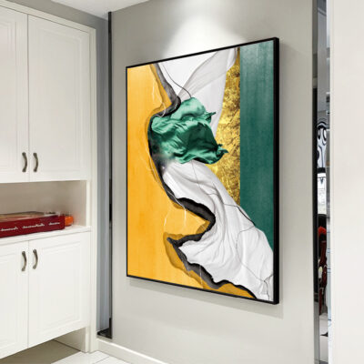 Golden Green Silk Marble Wall Art Fine Art Canvas Print Luxury Pictures For Modern Entrance Hall