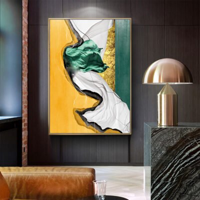 Golden Green Silk Marble Wall Art Fine Art Canvas Print Luxury Pictures For Modern Entrance Hall