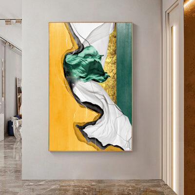 Golden Green Silk Marble Wall Art Fine Art Canvas Print Luxury Pictures For Modern Entrance Hall