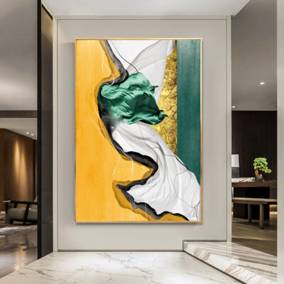 Golden Green Silk Marble Wall Art Fine Art Canvas Print Luxury Pictures For Modern Entrance Hall