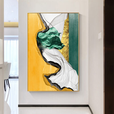 Golden Green Silk Marble Wall Art Fine Art Canvas Print Luxury Pictures For Modern Entrance Hall