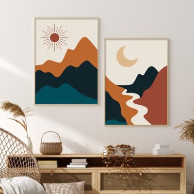 Green Beige Terracotta Sun Moon Minimalist Landscape Gallery Wall Decor For Living Room