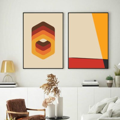 Mid Century Abstract Geometric Landscape Wall Art Pictures For Modern Apartment Interior Decor