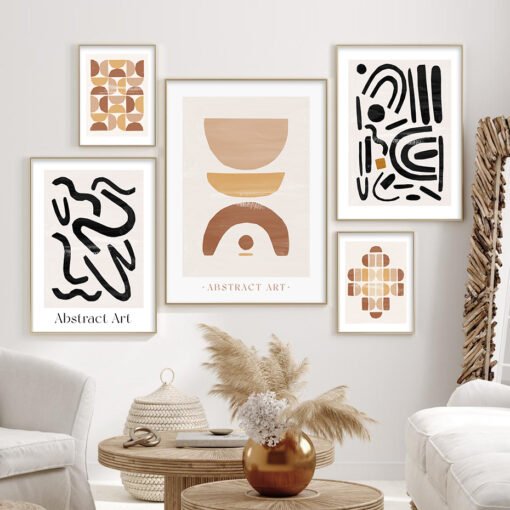 Minimalist Abstract Shapes Neutral Colors Bohemian Gallery Wall Art Pictures For Living Room