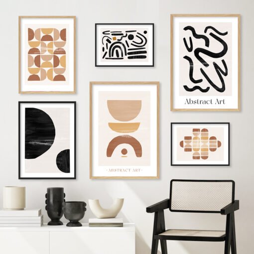 Minimalist Abstract Shapes Neutral Colors Bohemian Gallery Wall Art Pictures For Living Room