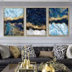 Modern Abstract Aqua Blue Golden Marble Print Wall Decor Pictures For Luxury Living Room