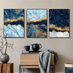 Modern Abstract Aqua Blue Golden Marble Print Wall Decor Pictures For Luxury Living Room