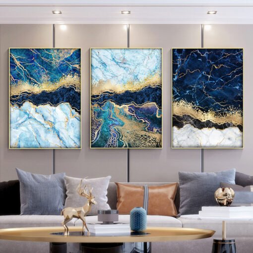 Modern Abstract Aqua Blue Golden Marble Print Wall Decor Pictures For Luxury Living Room