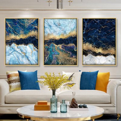 Modern Abstract Aqua Blue Golden Marble Print Wall Decor Pictures For Luxury Living Room