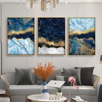 Modern Abstract Aqua Blue Golden Marble Print Wall Decor Pictures For Luxury Living Room