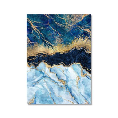 Modern Abstract Aqua Blue Golden Marble Print Wall Decor Pictures For Luxury Living Room