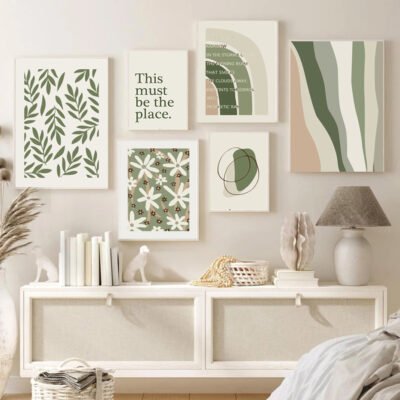 Modern Abstract Green Beige Floral Rainbow Quote Gallery Wall Art Pictures For Living Room Decor