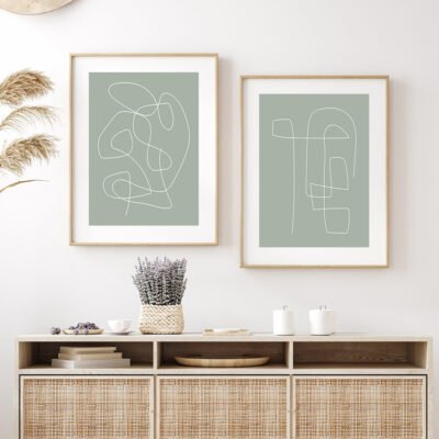 Modern Abstract Green Beige Minimalist Gallery Wall Art For Neutral Color Living Room Decor