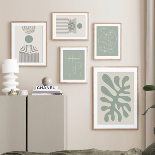 Modern Abstract Green Beige Minimalist Gallery Wall Art For Neutral Color Living Room Decor